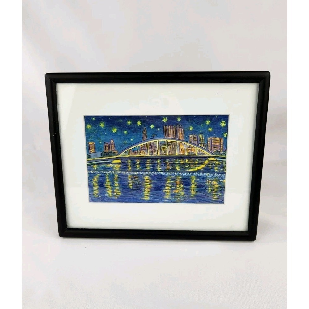 Starry Night Over Columbus Ohio Watercolor Print Jim Siemer Skyline Bridge Art